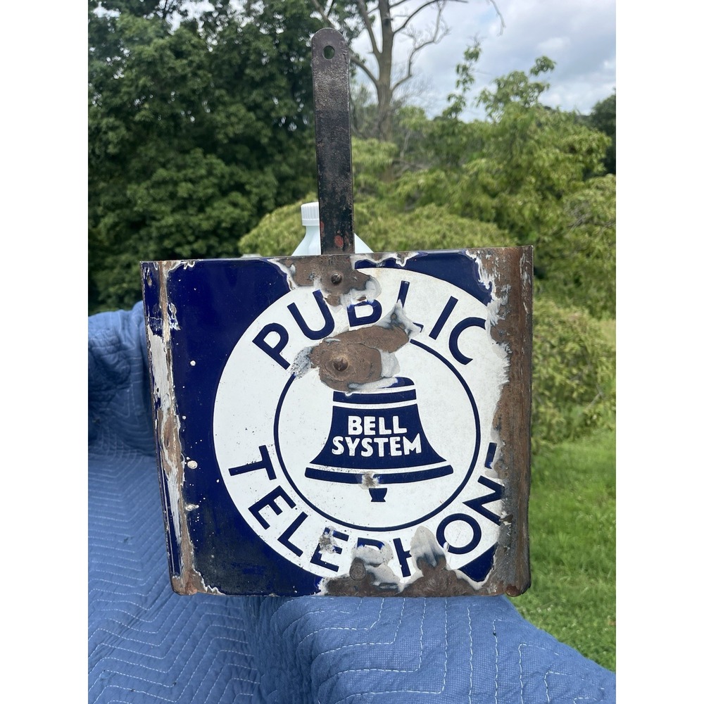 Vtg 1940s 50s Public Telephone Porcelain Double Side Flange Sign 18"DUST PAN